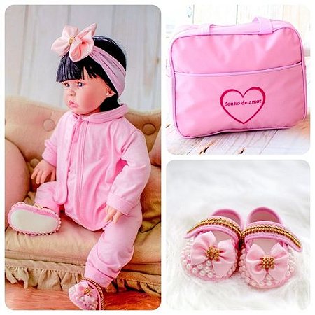 Boneca Bebê Reborn Luxo Rosa Vários Itens E Mochila