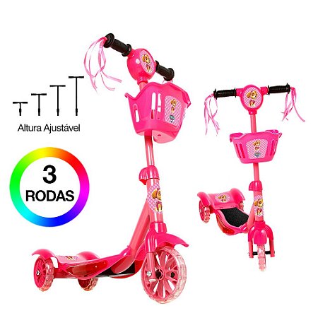 Patinete Infantil Patrulha Canina Rosa 3 Rodas Luz E Som