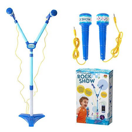 Brinquedo Microfone Duplo com Pedestal Rock Show Azul DM Toy