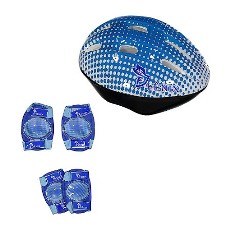Kit Proteção Capacete Azul Com Joelheiras e Cotoveleiras