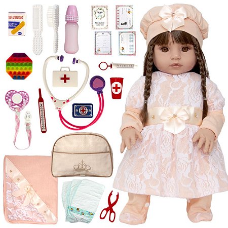 Boneca Bebê Silicone Cabelos Castanhos Roupa Salmão + Itens