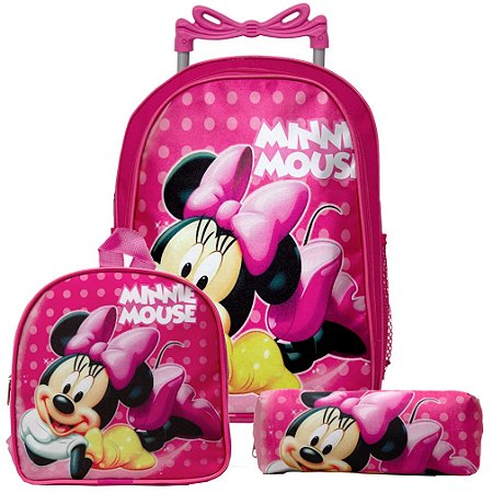 Kit Mochila Escolar Infantil Disney Minnie Mouse De Rodinha