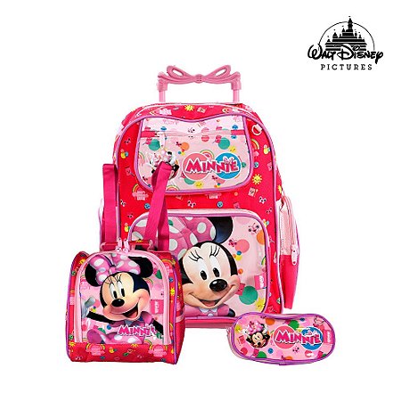 Kit Mochila Escolar Infantil Minnie Mouse Disney Com Rodinha