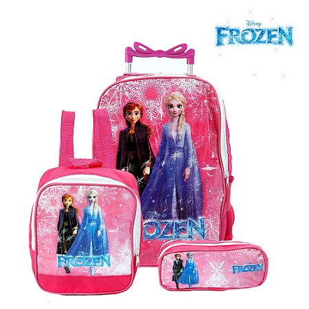 Kit Mochila Escolar Infantil Disney Frozen Com Rodinhas Rosa
