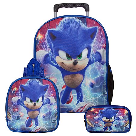 Mochila Masculina Escolar Rodinha Sonic + Lancheira e Estojo