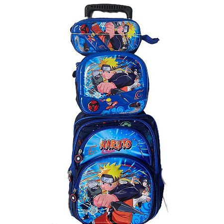 Mochila Masculina Rodinha Naruto 3D Lancheira Estojo Azul