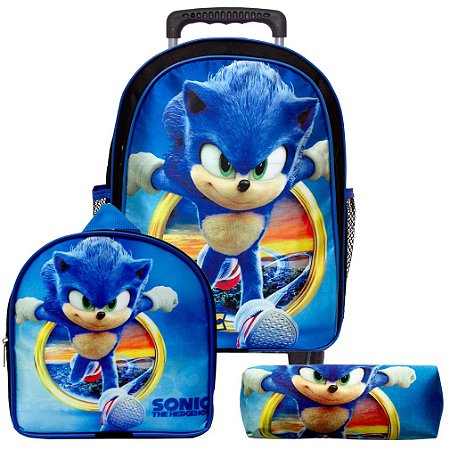 Kit Mochila Masculina Escola Rodinha Juvenil Sonic Argola TN