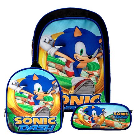 Kit Mochila Masculina Infantil Sonic Dash Lancheira Estojo