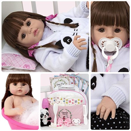 Bebê Reborn Panda de Silicone Realista + Bolsa 21 Acessórios