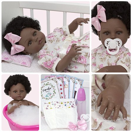 Boneca Com Acessórios Bebê Reborn Silicone Negra Baby - ShopJJ