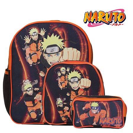 Kit Mochila De Rodinhas Grande Menino Naruto Aula + Toalha