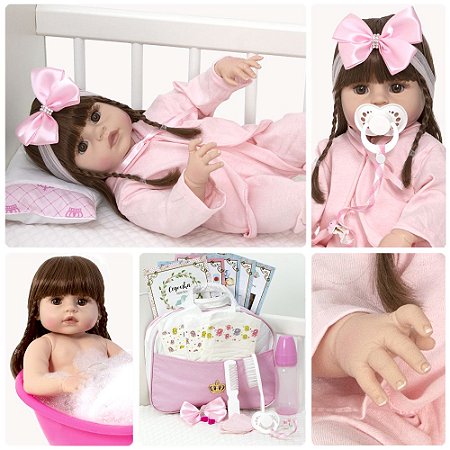 Boneca Bebe Reborn Menina 100% Silicone Enxoval + 24 Itens