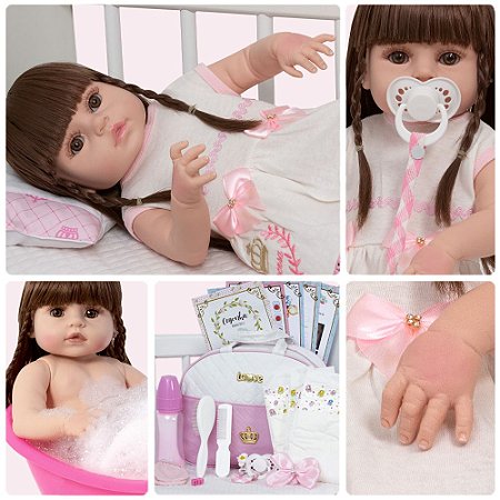 Boneca Bebe Reborn Morena Realista Pode Dar Banho + 20 Itens - Chic Outlet  - Economize com estilo!