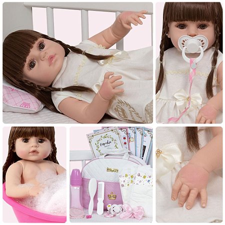 Bebê Reborn Baby Boneca Cabelos Castanhos + Enxoval Completo