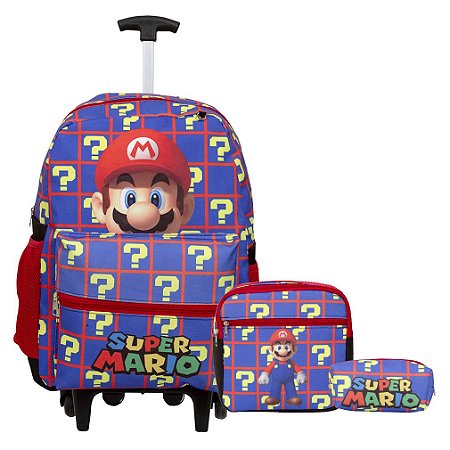 Kit Mochila Infantil Masculina Rodinha Lancheira Super Mario