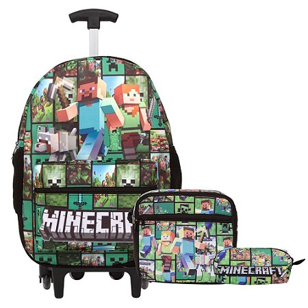 Mochila Infantil Masculina Minecraft Rodas Lancheira Térmica