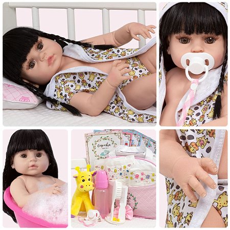 Bebê Reborn Menina Silicone, Boneca Banho Realista, Morena