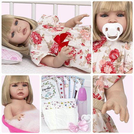 Boneca Reborn Bebê Loira Vestido Florido Kit 12 Acessórios