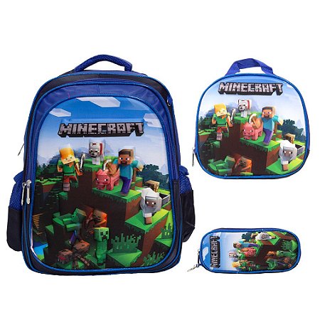 Kit Mochila Infantil Masculina Costas Minecraft 3D Tam G