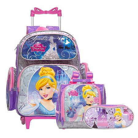 Kit Mochila Infantil De Rodinhas Cinderela Lancheira Estojo