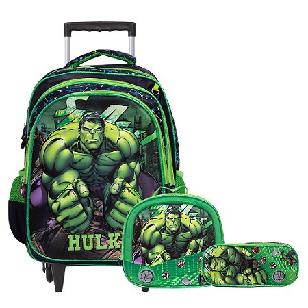 Kit Mochila Infantil Menino Rodinha Hulk 3D Lancheira Tam G