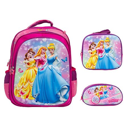 Kit Mochila Infantil Princesas 3D Costas Lancheira Estojo