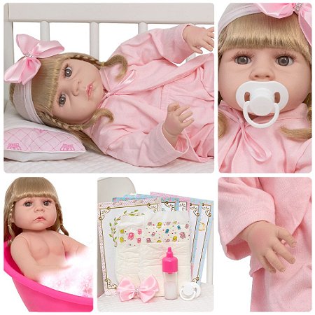 Boneca Reborn Realista Menina Linda Kit Itens Roupão Rosa