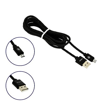 Cabo De Dados Reforçado USB Micro USB 2 Metros Tipo V8 Preto CBO-7289 - Inova