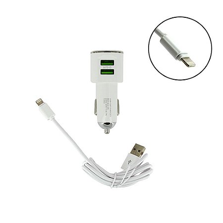 Carregador Para Carro Mega Rápido 3.4A Com 2 Entradas Com Cabo Tipo Iphone Branco KD-303A - kaidi