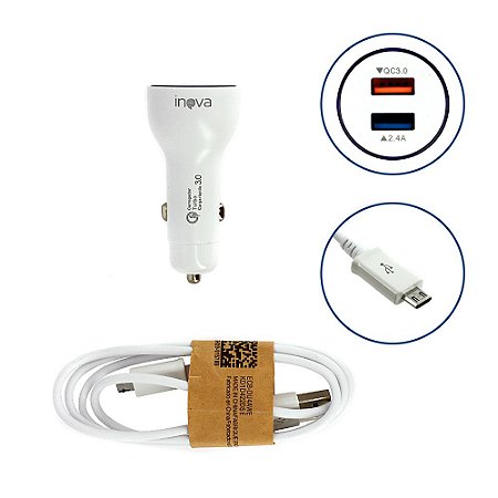 Carregador Para Carro Mega Rápido 3.0A Com 2 Entradas Com Cabo Tipo V8 Micro USB Branco  CAR-2142D - Inova