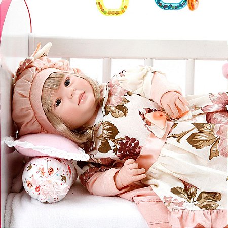 Boneca Bebe Reborn Diandra Naomi Rosa Floral Cegonha Reborn Dolls Mais 24 Acessórios 50cm