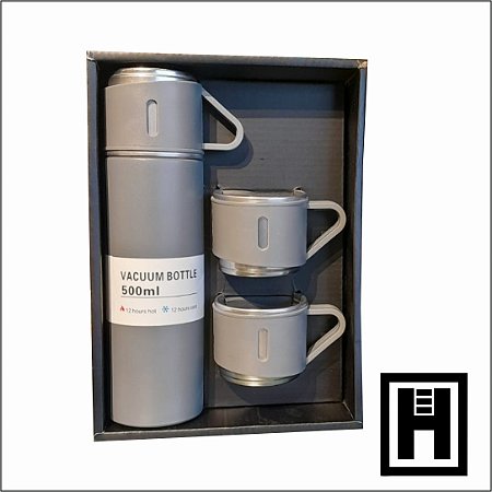 Garrafa Térmica Vacuum Flask  Set Cinza 500ml Com 3 Xícaras