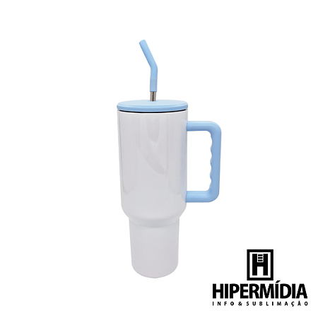 Copo Térmico 1,2ML Branco com Alça e Canudo Azul