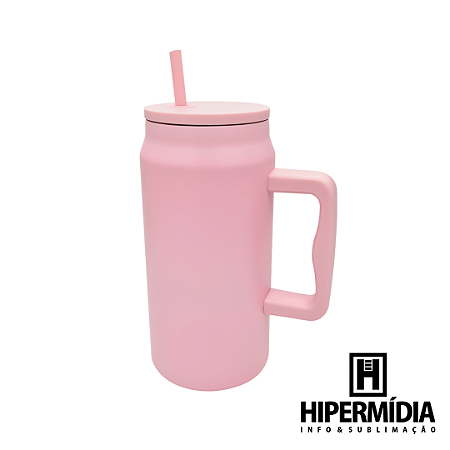 Caneca Térmica 1,5L Rosa com Alça e Canudo