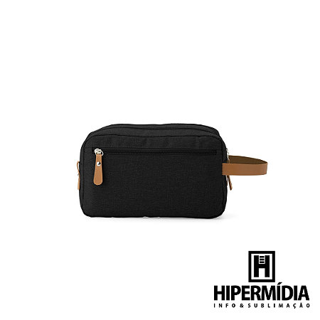 Necessaire Poliester Preta Alça de Couro