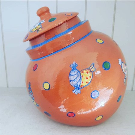 Baleiro de cerâmica pintado a mão, com balinhas coloridas