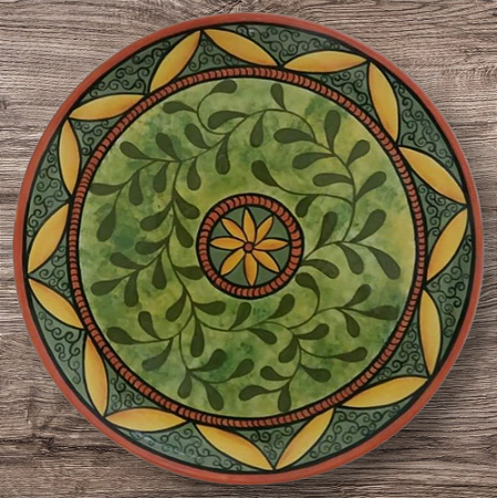 Prato de cerâmica pintado a mão com desenho de mandala/folhas