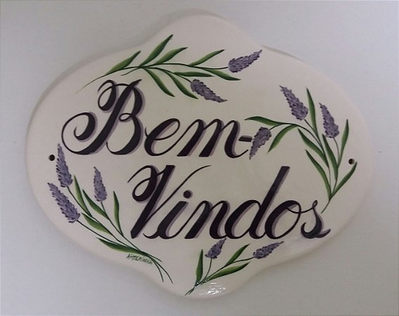 Placa de cerâmica pintada a mão "Bem-Vindos"