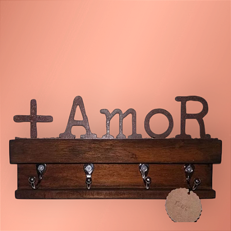 Suporte de parede de madeira e ferro com 4 ganchos "+ Amor"