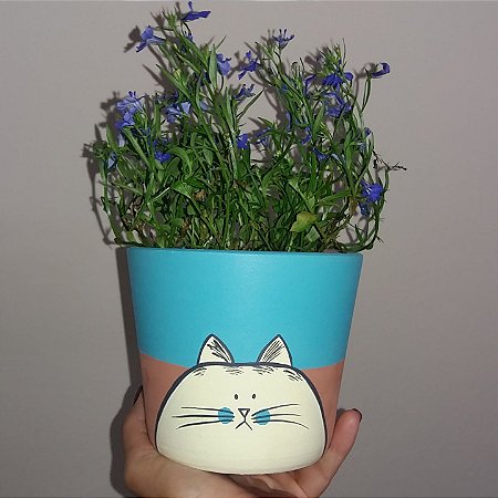 Cachepot de cerâmica pintado a mão com decoração de gatinho