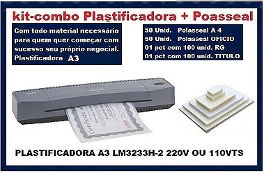 Kit Plastificadora A3 LM3233H-2 220v + Polaseal
