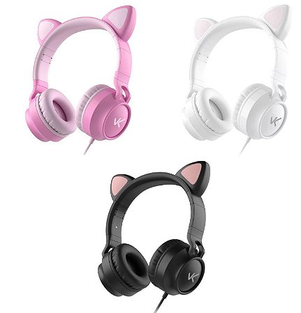 Fone Headset Kitty Ear - Orelha de Gato Rosa / Preto / Branco com Microfone Cabo 1.2m Plug p2 Estéreo p3 - Vinik