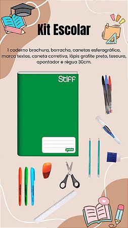 Kit Escolar Escritório Caderno Verde Canetas Marca Texto e Corretivas Borracha Lápis Grafite Régua Tesoura e Apontador
