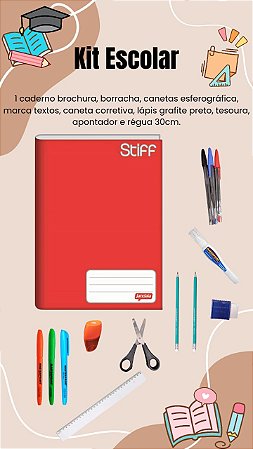 Kit Escolar Escritório Caderno Vermelho Canetas Marca Texto e Corretivas Borracha Lápis Grafite Régua Tesoura e Apontador