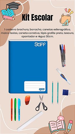 Kit Escolar Escritório Caderno Azul Canetas Marca Texto e Corretivas Borracha Lápis Grafite Régua Tesoura e Apontador