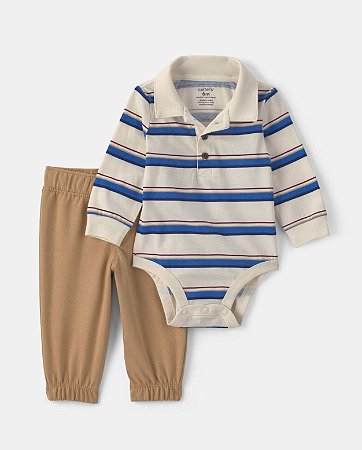 Conjunto de body e calça listrados de manga comprida para bebê menino - Creme/Cáqui