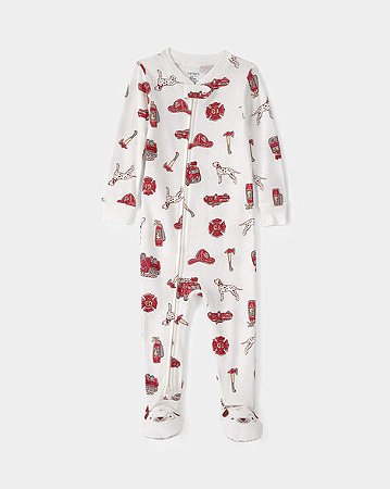 Pijama Macacão de Bebê Menino com Estampa de Caminhão de Bombeiros, 100% Algodão — Branco.