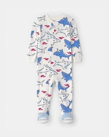 Pijama Macacão de Bebê Menino Tubarão, 100% Algodão, Ajuste Justo — Marfim/Azul.