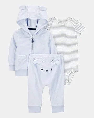 Conjunto de Bebê com 3 Peças e Cachorrinho, com Cardigã — Azul.