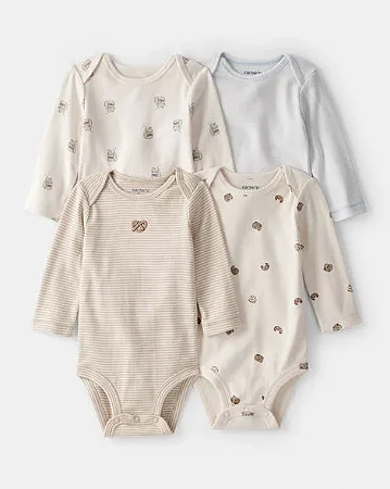 Kit com 4 Body de Manga Longa para Bebê — Coleção Snack Time, Azul/Branco/Marrom